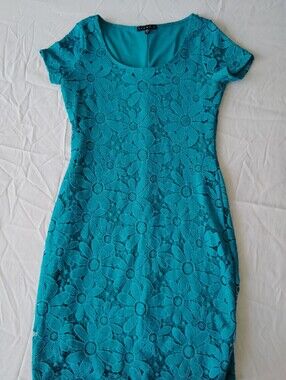 Tiana B. Teal Floral Lace Sheath Dress S